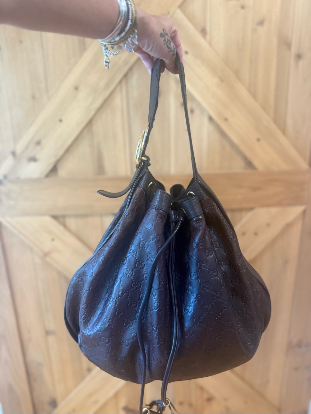 Gucci Dark Brown Embossed Leather Drawstring Hobo Bag - Picture 9 of 10